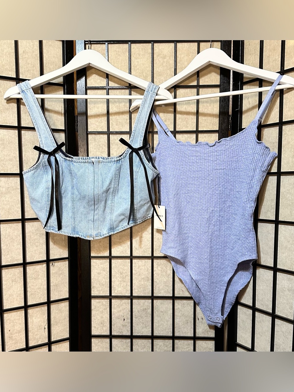 FOREVER 21 Ribbed Bodysuit Cropped Denim Top with Bows BUNDLE